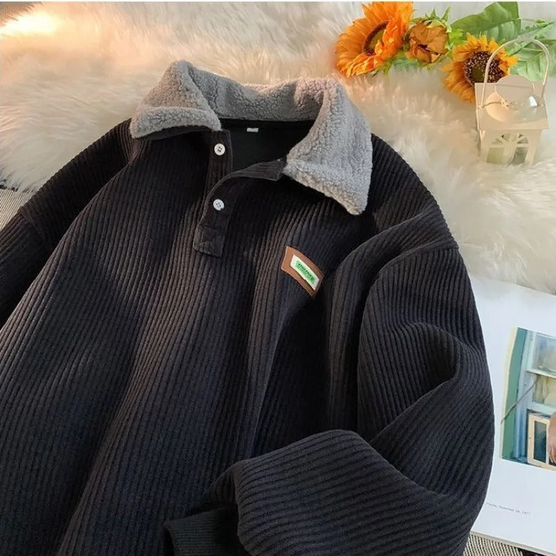 Fleecetröja Pullover - Varm - Knäppning - Corduroy Pullover - Vinterkläder för män
