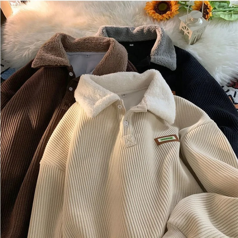 Fleecetröja Pullover - Varm - Knäppning - Corduroy Pullover - Vinterkläder för män