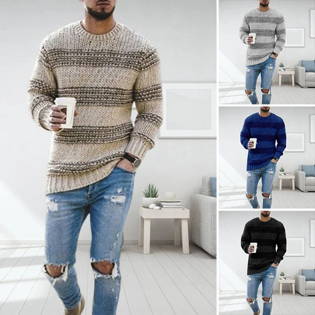 Stickad Tröja - Randig långärmad vintertröja för män