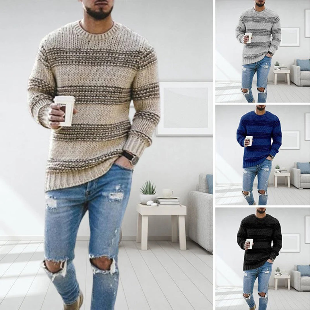Stickad Tröja - Randig långärmad vintertröja för män