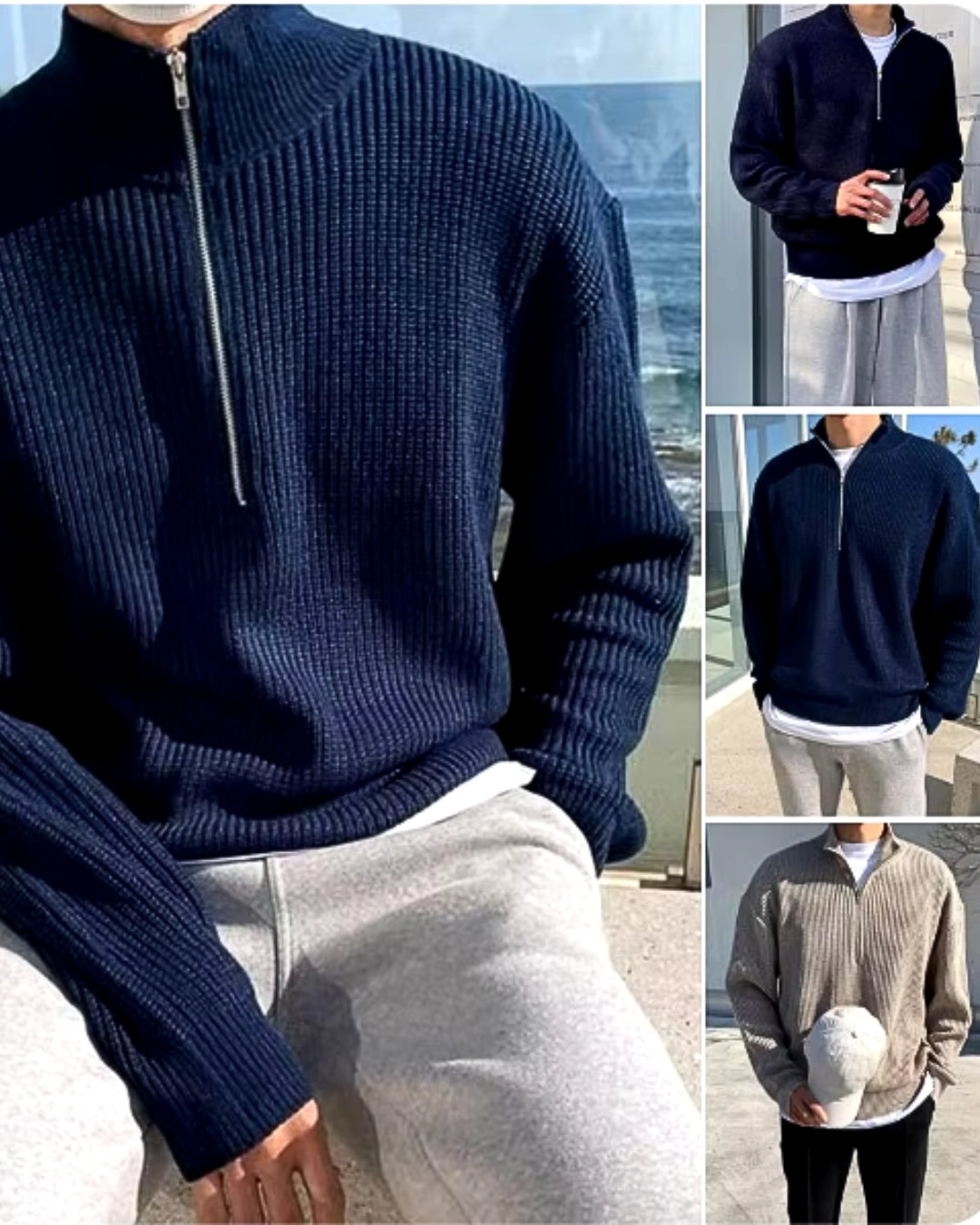 Tröja med halv dragkedja | Varm | Pullover | Stickad tröja | Jumper med halv dragkedja för män