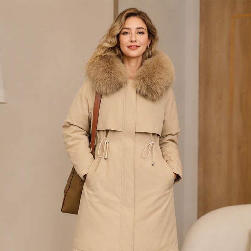 Vera | Varm vinterparka med pälshuva och midjeband