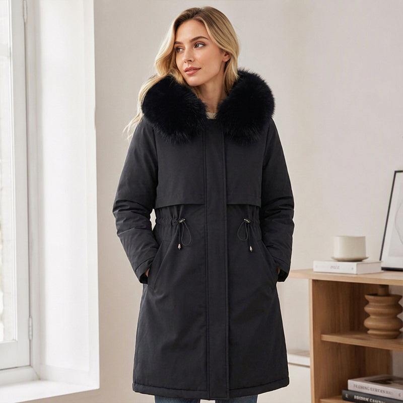 Vera | Varm vinterparka med pälshuva och midjeband